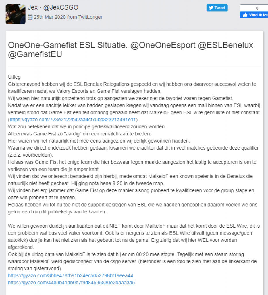 Toujours pas de revanche entre OneOne et GameFist en ESL Benelux Championship